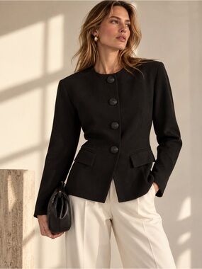 Vintage Devonshire Cream 100% Wool Collarless Blazer Jacket Black